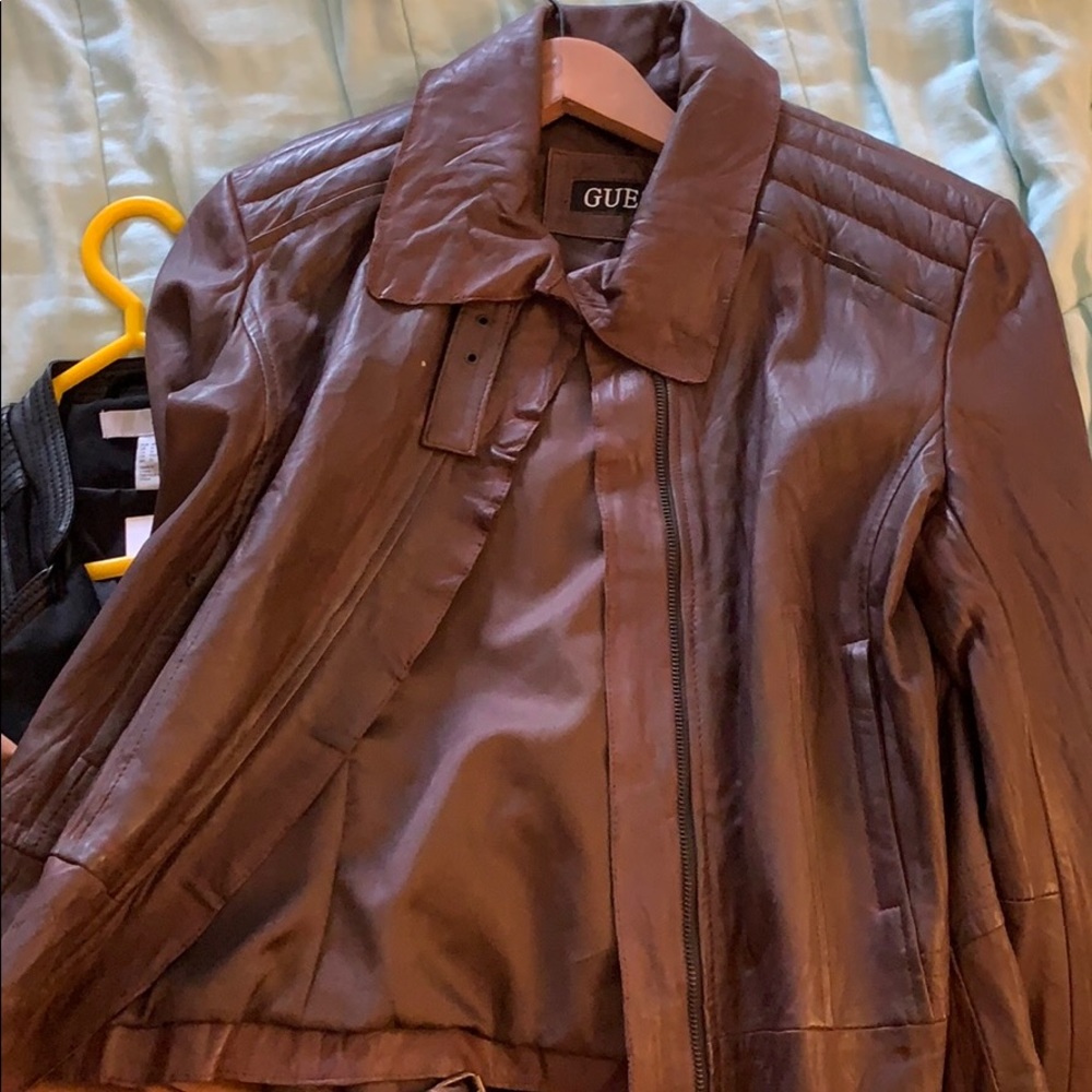 Brown guess leather jacket size large 100% leather